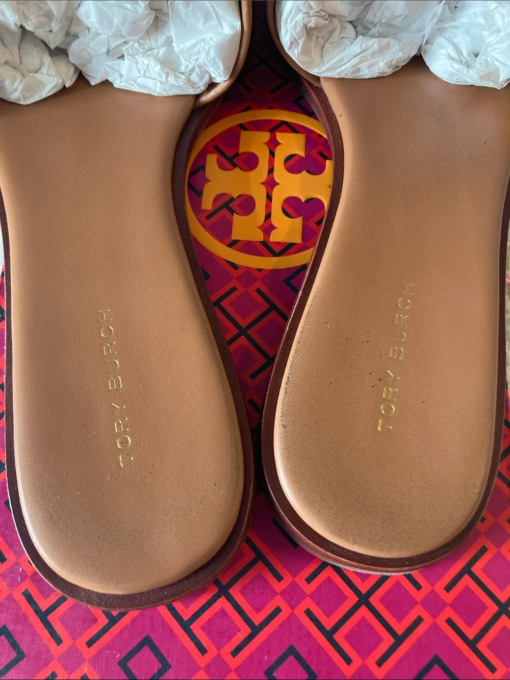 Tory Burch Cognac Leather Slide Sandals with Gold Logo